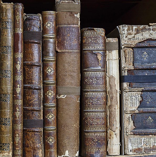 Close-up of the spines of old antique books